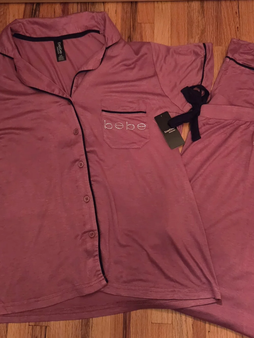 bebe Rose Pink Pajama Set with Black Trim and Logo